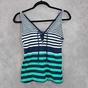 Liz‎ Claiborne Blue Green White Stripe Padded Swimwear Tankini Top S Small